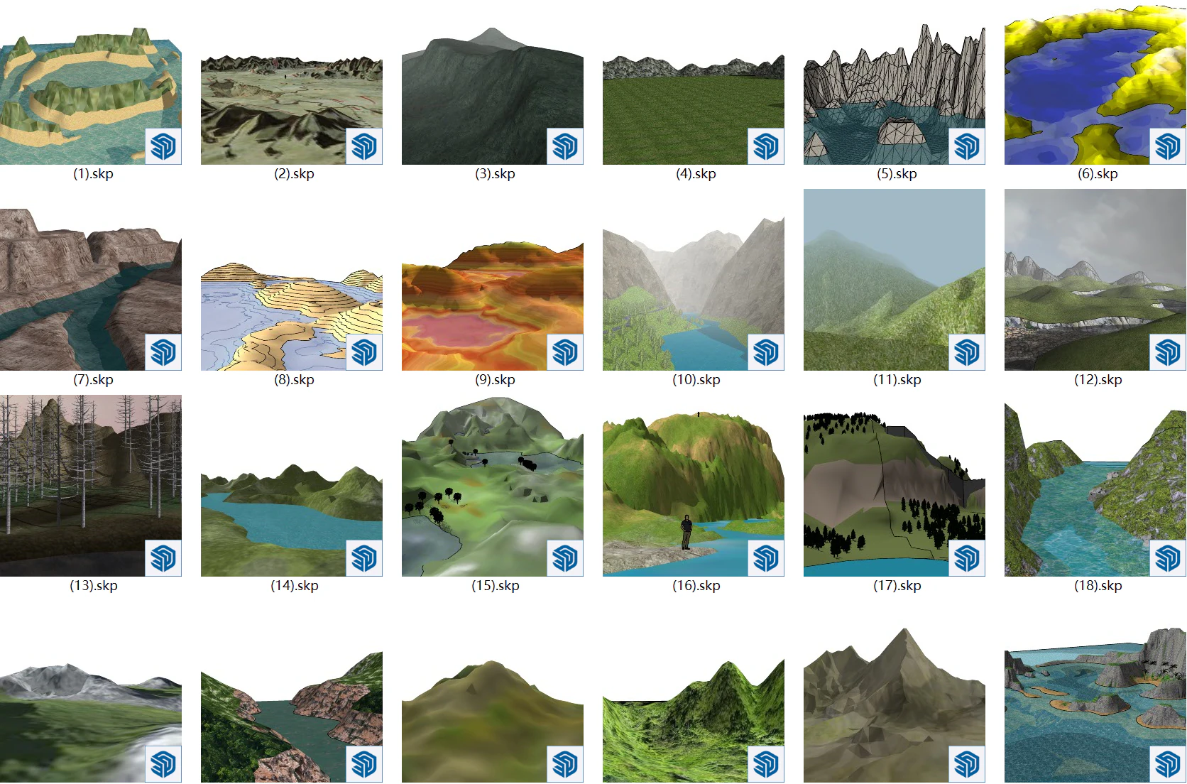 Montanhas montanhas riachos pastagens ilhas canyons rios modelo SketchUp um total de 36 Modelo 3D .c4d .max .obj .3ds .fbx .stl .blend 