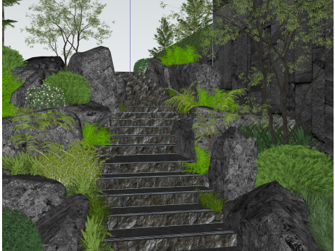 자연석과 녹색 식물이 어우러진 생태 계단 풍경 SketchUp 모드 3D 모델