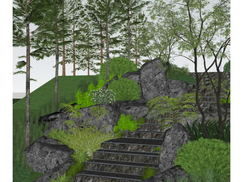 Ekologiczny krajobraz schodów przeplatany naturalnymi kamieniami i zielonymi roślinami SketchUp mod Model 3D