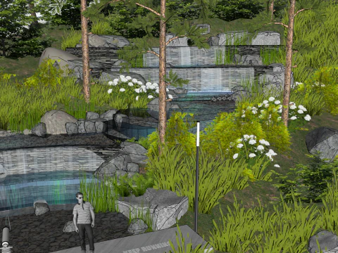 Modern natural style waterfront landscape rendering SketchUp model 3D Model