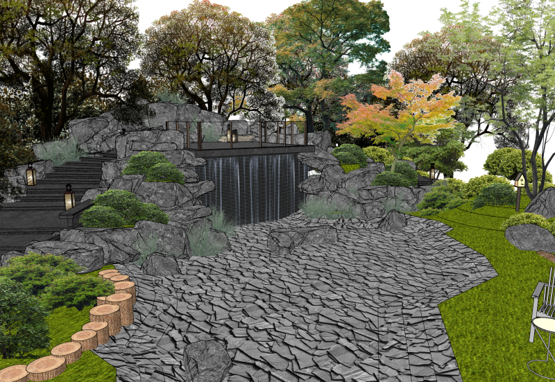 Usando pedras empilhadas, cachoeiras, árvores, gramados e arbustos em um modelo SketchUp estilo pátio Modelo 3D .c4d .max .obj .3ds .fbx .stl .blend