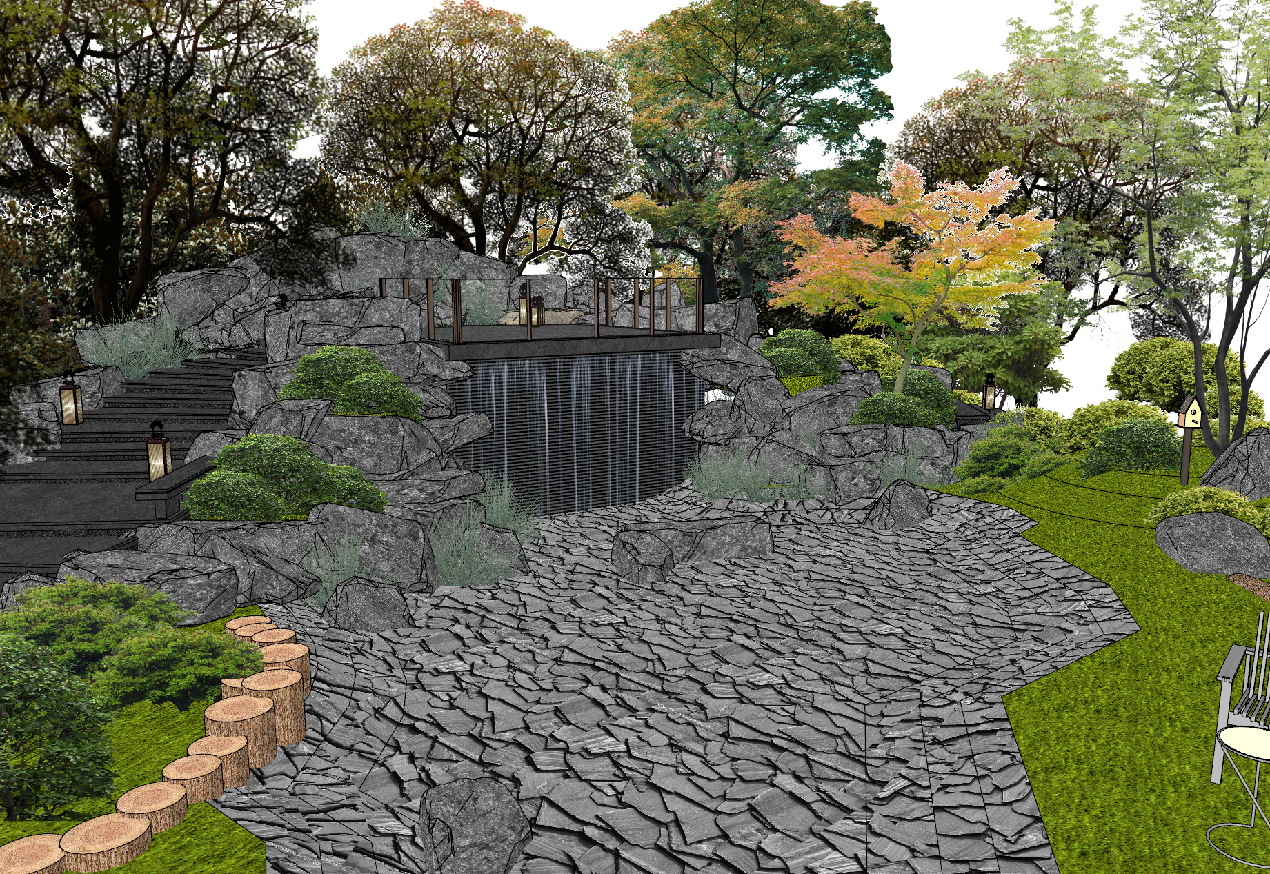 Met behulp van gestapelde stenen vallen bomen, gazons en struiken in een SketchUp-model in binnenplaatsstijl 3D Model .c4d .max .obj .3ds .fbx .stl .blend 