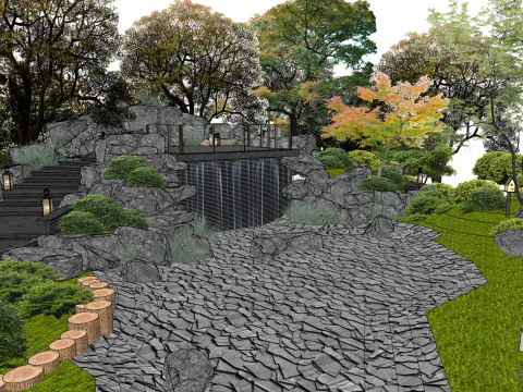 Використання складених каменів, водоспадів, дерев, газонів і кущів у стилі дворика Модель SketchUp 3D Модель