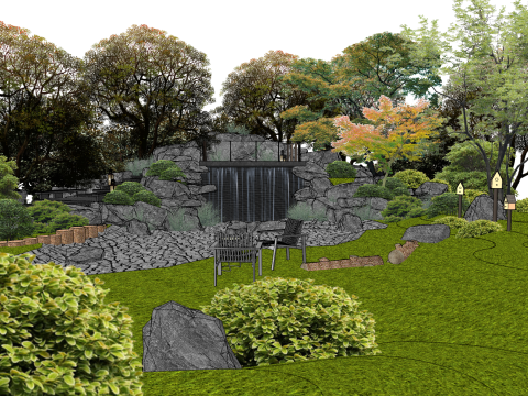 Usando pedras empilhadas, cachoeiras, árvores, gramados e arbustos em um modelo SketchUp estilo pátio Modelo 3D
