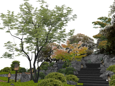 Usando pedras empilhadas, cachoeiras, árvores, gramados e arbustos em um modelo SketchUp estilo pátio Modelo 3D