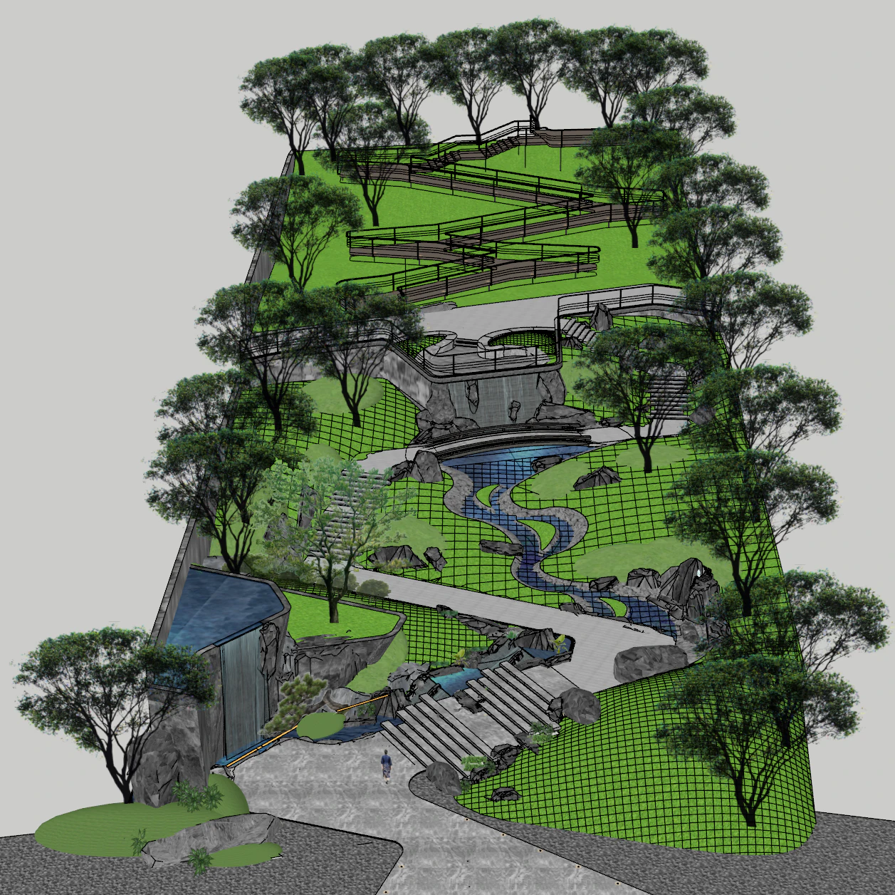 Multi level mountain courtyard layout with three-dimensional landscape SketchUp model 3D Model .c4d .max .obj .3ds .fbx .stl .blend 