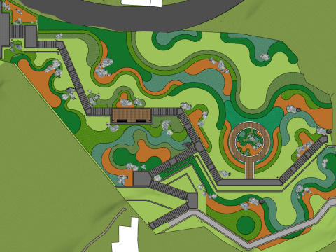 公園景観の三次元設計多機能複合屋外空間レイアウト SketchUp 3Dモデル
