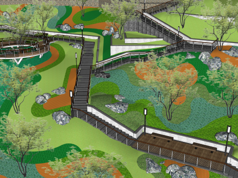 公園景観の三次元設計多機能複合屋外空間レイアウト SketchUp 3Dモデル