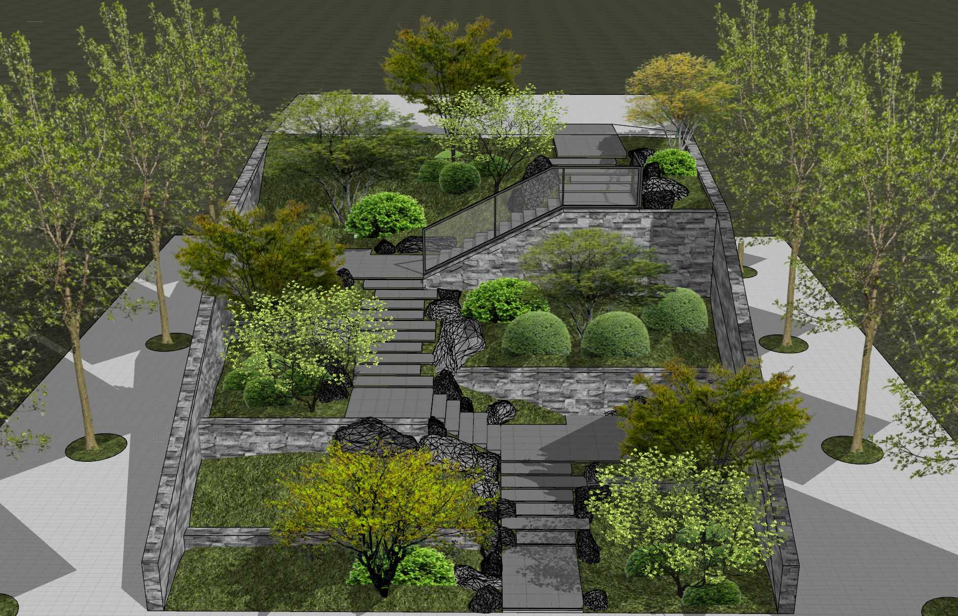 Progettazione paesaggistica del modello SketchUp di cortile in stile terrazza a pi&ugrave; piani Modello 3D .c4d .max .obj .3ds .fbx .stl .blend 