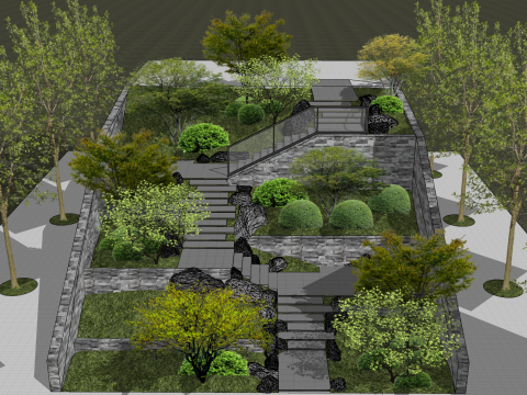 Çok Katlı Teras Stili Avlu SketchUp Modeli Peyzaj Tasarımı 3D Model