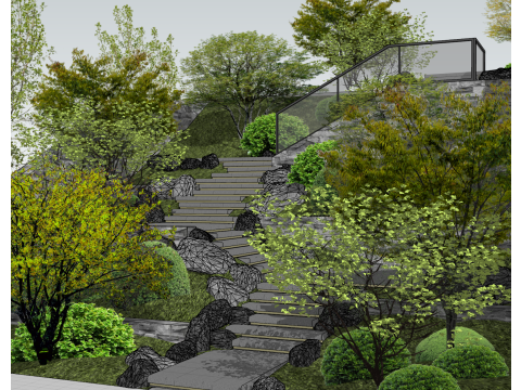 Çok Katlı Teras Stili Avlu SketchUp Modeli Peyzaj Tasarımı 3D Model