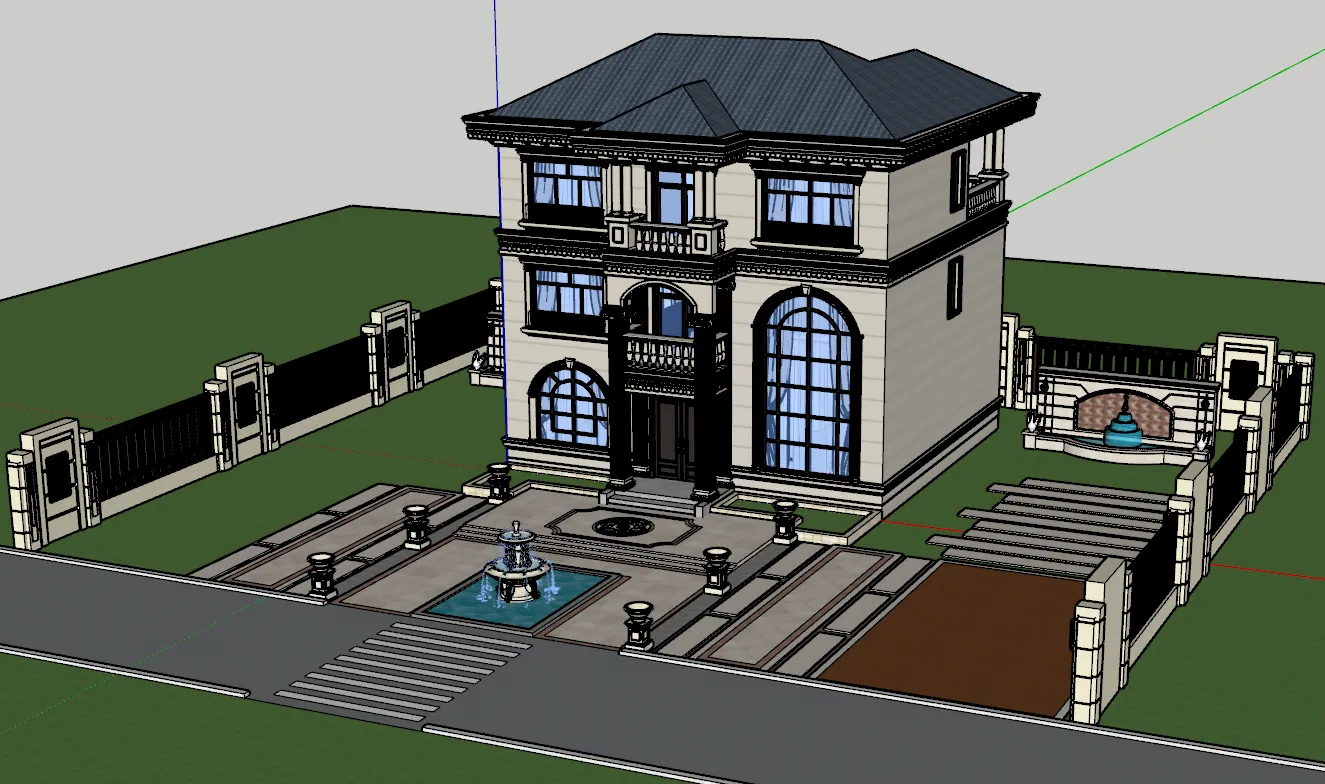 Moradia isolada de três andares em estilo francês com pátio e cenário aquático modelo SU Modelo 3D .c4d .max .obj .3ds .fbx .stl .blend