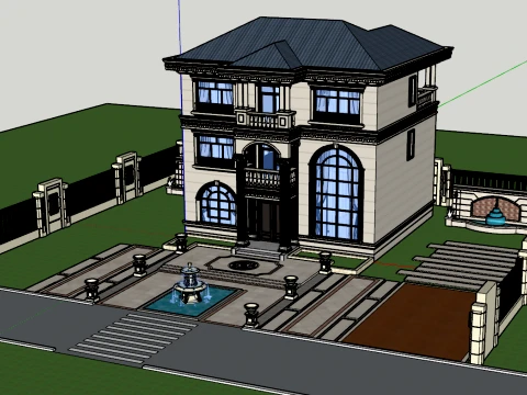 French style three story detached villa with courtyard and water scenery SU model 3D Model