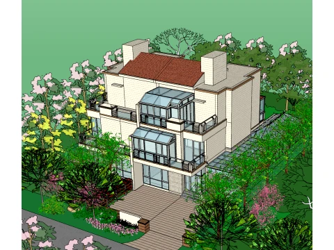 Three story red tile sloping roof with sunroom row villa SU model 3D Model