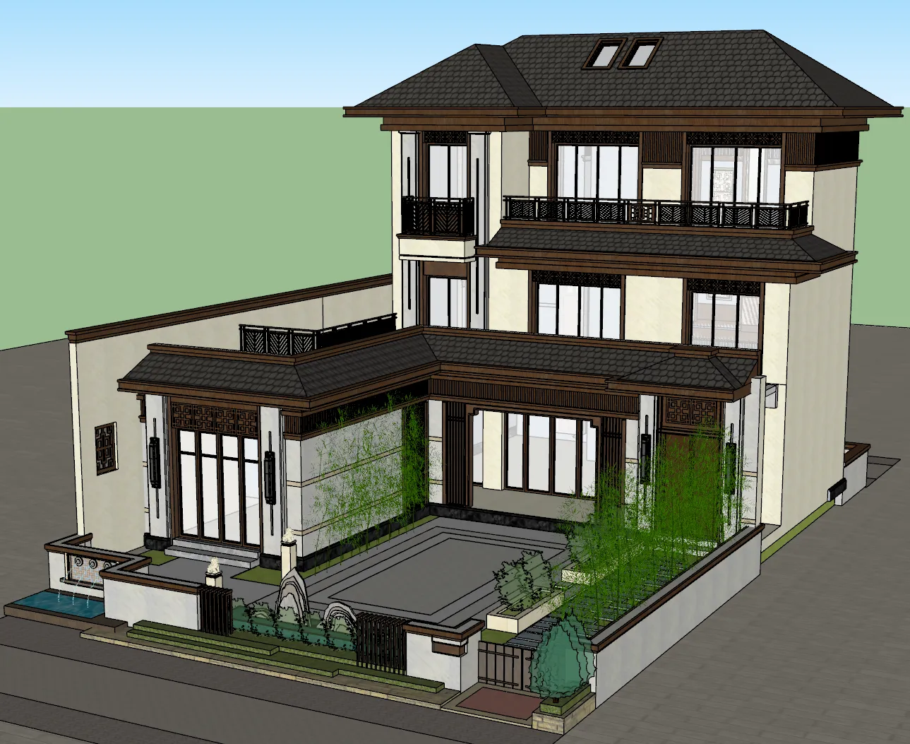 Three story courtyard sloping top villa self built house SU 3D Model .c4d .max .obj .3ds .fbx .stl .blend 