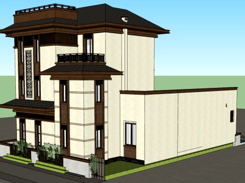 Three story courtyard sloping top villa self built house SU 3D Model
