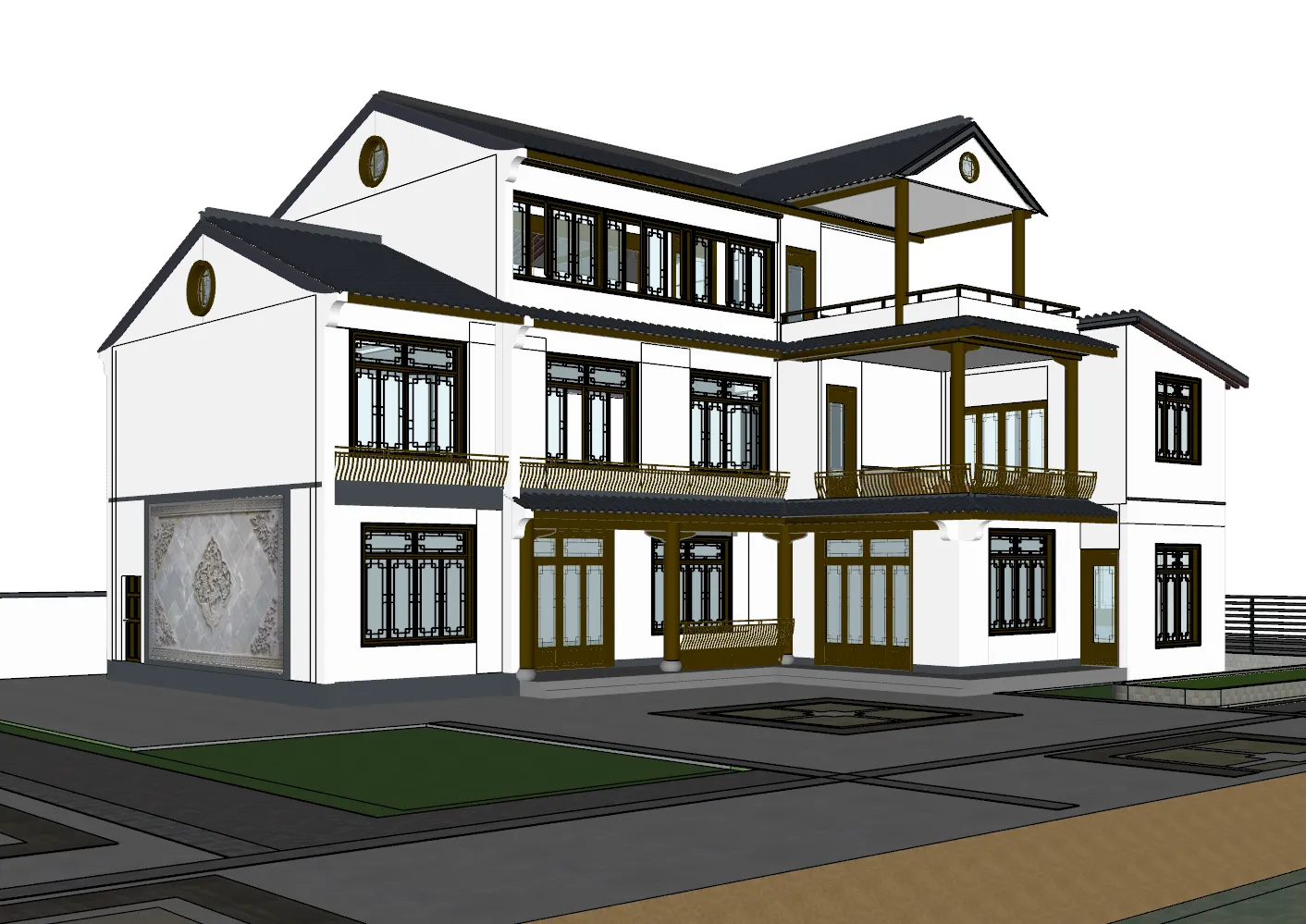 Jiangnan Su style Three story White Wall and Black Tile Water facing Villa SU Model 3D Model .c4d .max .obj .3ds .fbx .stl .blend