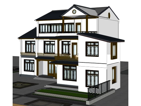 Jiangnan Su style Three story White Wall and Black Tile Water facing Villa SU Model 3D Model
