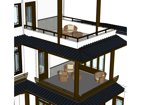 Jiangnan Su style Three story White Wall and Black Tile Water facing Villa SU Model 3D Model