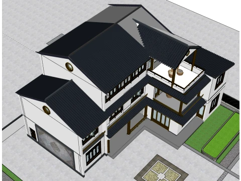 Jiangnan Su style Three story White Wall and Black Tile Water facing Villa SU Model 3D Model