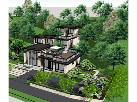 现代叠层平顶坡地度假别墅SU模型 3D 模型