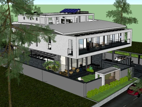 Modern Grey Stone Suspended Flat Top Luxury Villa SU Model 3D Model