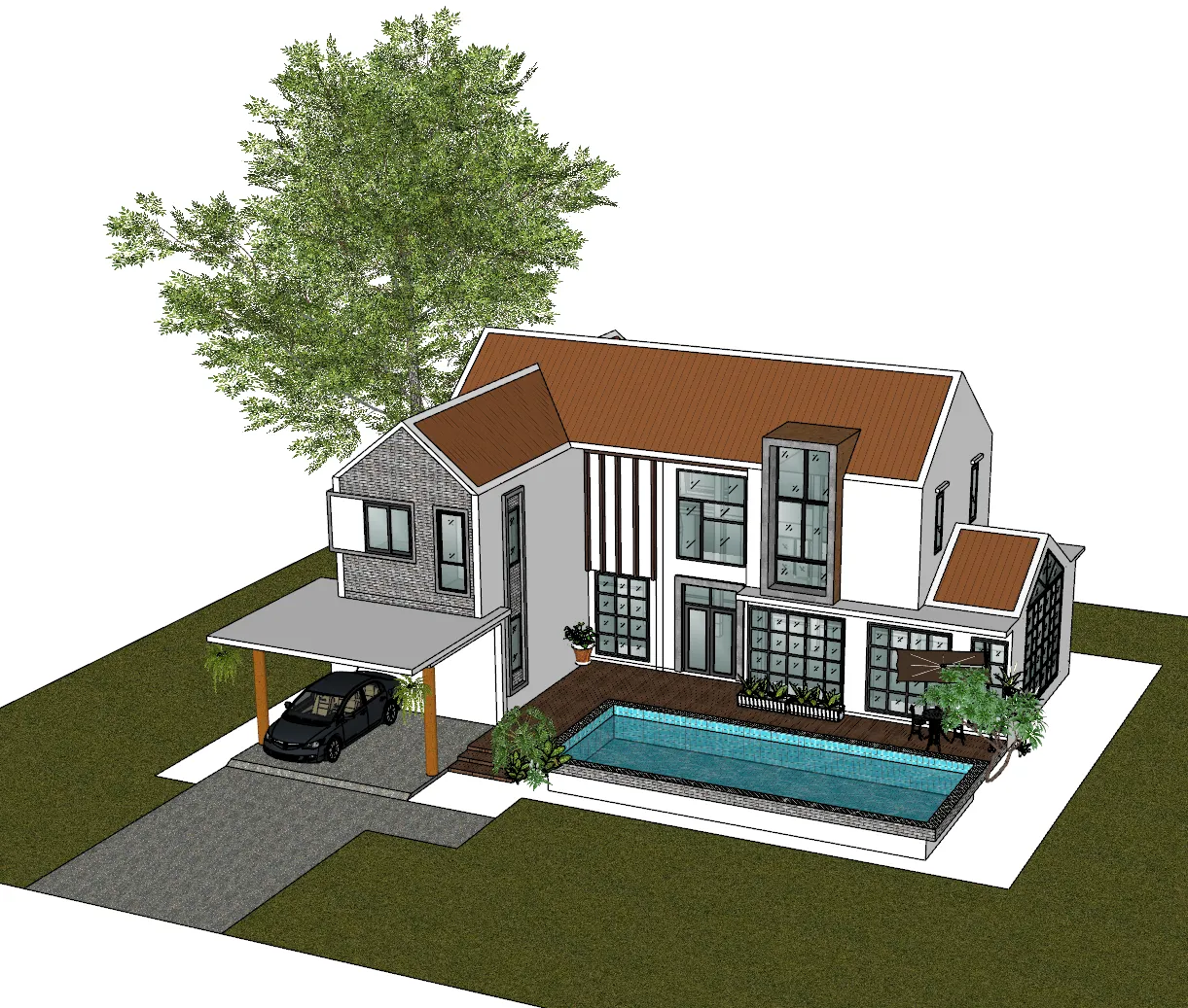 Modern minimalist two-story sloping garage pool villa SU model 3D Model .c4d .max .obj .3ds .fbx .stl .blend 