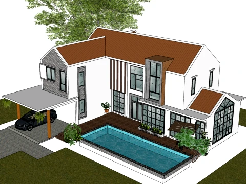 Modern minimalist two-story sloping garage pool villa SU model 3D Model