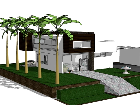 现代简约二层挑高庭院平屋顶自建房SU模型 3D 模型