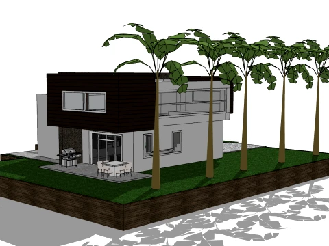 Modern minimalist two-story raised courtyard flat roof self built house SU model 3D Model