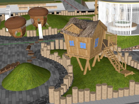 Moderno Pocket Park Piccolo parco Spazio verde Angolo di strada Parco Galleria Attrezzature in legno Modello 3D
