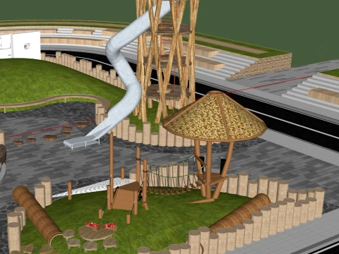 Moderno Pocket Park Piccolo parco Spazio verde Angolo di strada Parco Galleria Attrezzature in legno Modello 3D
