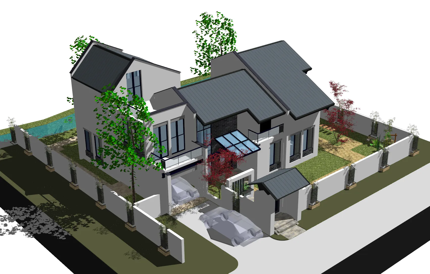 SU model of self built house on the top of the two-story waterfront water courtyard slope 3D Model .c4d .max .obj .3ds .fbx .stl .blend 