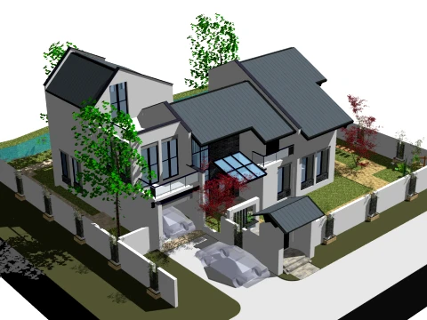 二层滨水庭院坡顶自建房SU模型 3D 模型