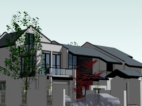SU model of self built house on the top of the two-story waterfront water courtyard slope 3D Model