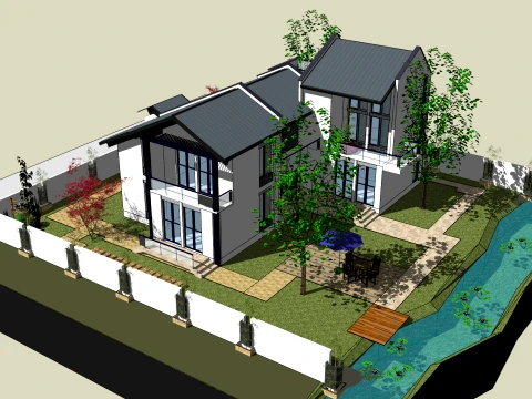 SU model of self built house on the top of the two-story waterfront water courtyard slope 3D Model