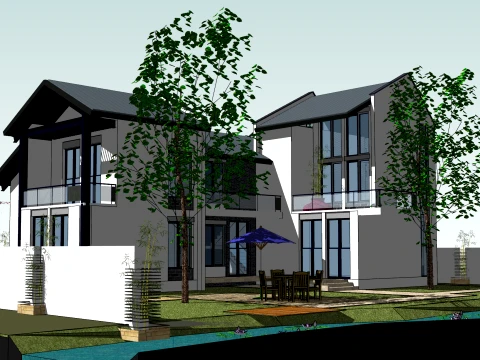 SU model of self built house on the top of the two-story waterfront water courtyard slope 3D Model