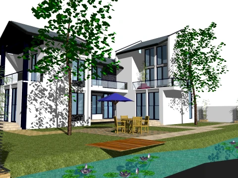 SU model of self built house on the top of the two-story waterfront water courtyard slope 3D Model