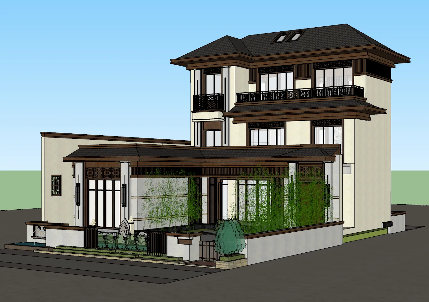 Villa autocostruita con cortile spiovente a tre piani, modello SU Modello 3D .c4d .max .obj .3ds .fbx .stl .blend