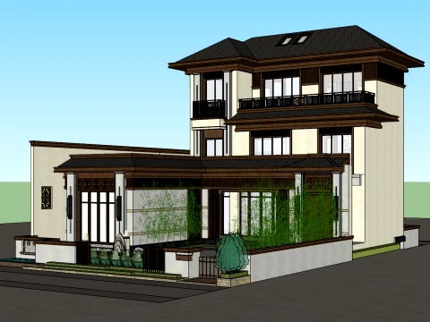 三层庭院坡顶别墅自建SU模型 3D 模型