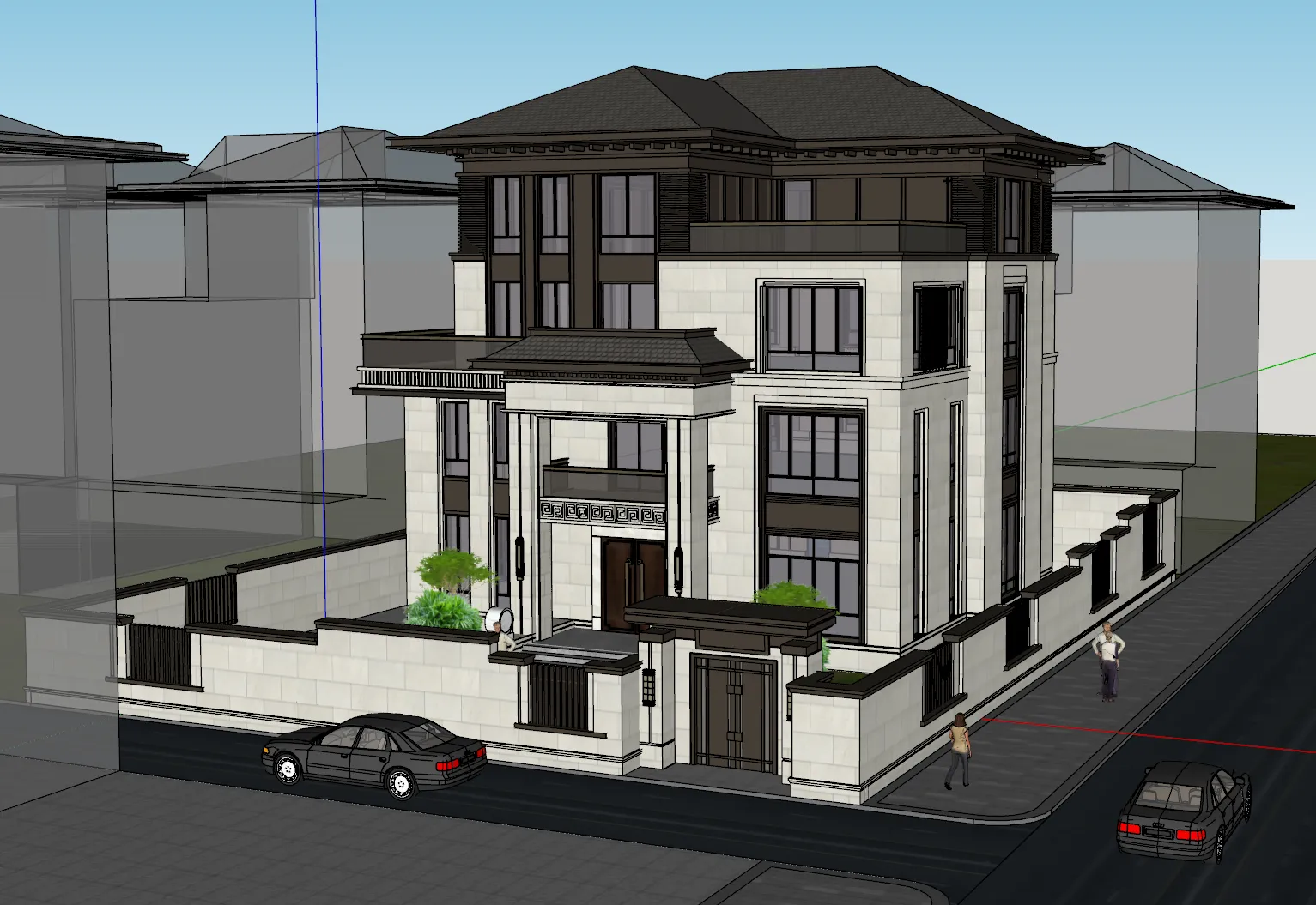 Three story stone standalone street facing villa SU model 3D Model .c4d .max .obj .3ds .fbx .stl .blend 