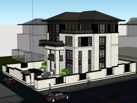 Three story stone standalone street facing villa SU model 3D Model