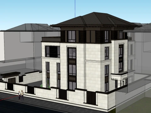 Three story stone standalone street facing villa SU model 3D Model