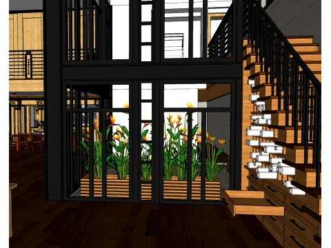 Wooden clear water concrete two-story studio homestay SU indoor model 3D Model