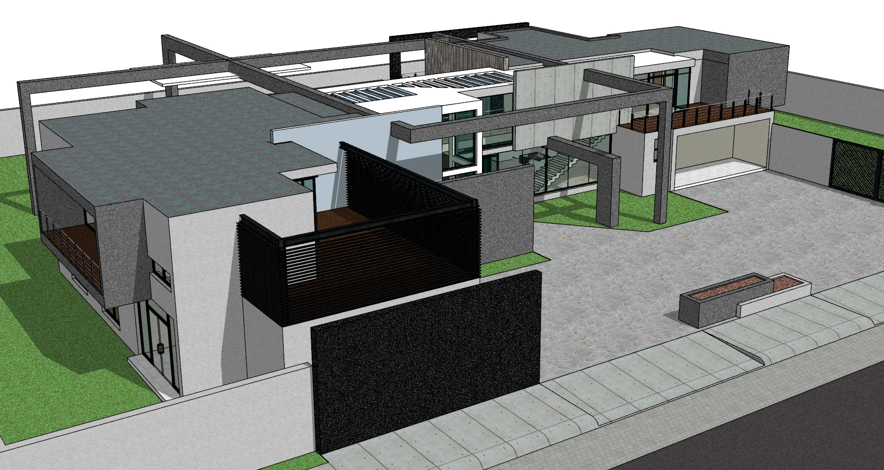The SU model of a modern two-story detached villa with a suspended platform made of natural wood 3D Model .c4d .max .obj .3ds .fbx .stl .blend