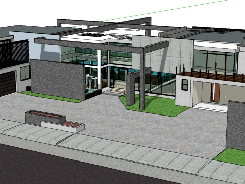 The SU model of a modern two-story detached villa with a suspended platform made of natural wood 3D Model