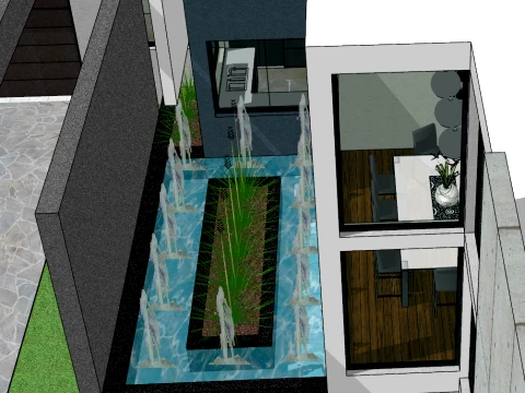 The SU model of a modern two-story detached villa with a suspended platform made of natural wood 3D Model