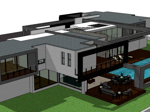The SU model of a modern two-story detached villa with a suspended platform made of natural wood 3D Model