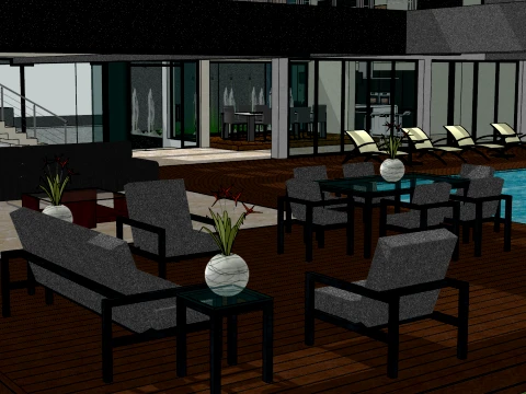 The SU model of a modern two-story detached villa with a suspended platform made of natural wood 3D Model