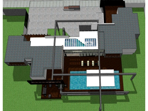 The SU model of a modern two-story detached villa with a suspended platform made of natural wood 3D Model